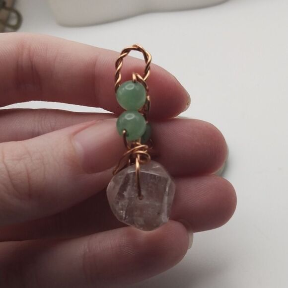 Veined quartz and jade drop necklace‎ pendant wire wrapped